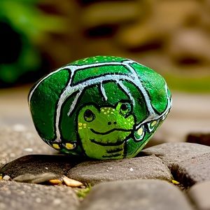 Hand crafted painted rock turtle green yellow white dots 3x3 inch approximately